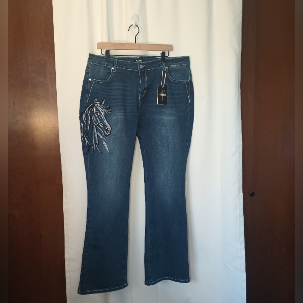 Flamingals Horse Embroidered Flare Jeans Womens 4XL Western Equestrian Indie NWT - Picture 2 of 12